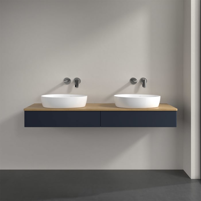 Villeroy & Boch Antao Waschbeckenunterschrank, 160 x 19 cm, 2 Auszüge mit LED-Licht, Front ohne Struktur, ohne Hahnloch, für Waschtisch links und rech