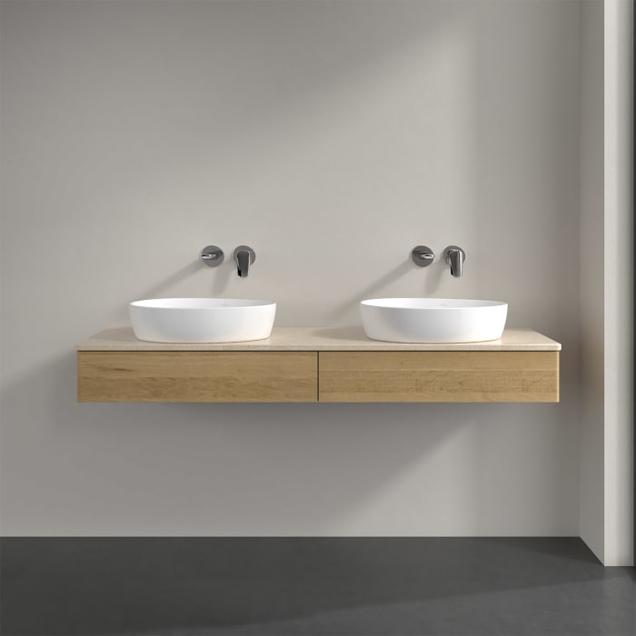 Villeroy & Boch Antao Waschbeckenunterschrank, 160 x 19 cm, 2 Auszüge mit LED-Licht, Front ohne Struktur, ohne Hahnloch, für Waschtisch links und rech