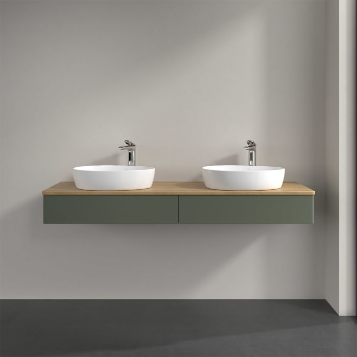 Villeroy & Boch Antao Waschbeckenunterschrank, 160 x 19 cm, 2 Auszüge mit LED-Licht, Front ohne Struktur, mit Hahnloch, für Waschtisch links und recht