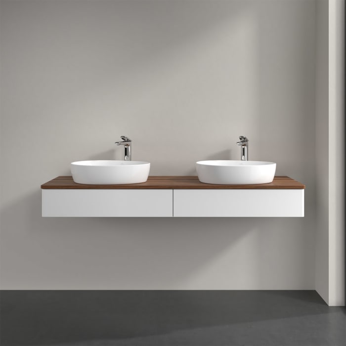Villeroy & Boch Antao Waschbeckenunterschrank, 160 x 19 cm, 2 Auszüge mit LED-Licht, Front ohne Struktur, mit Hahnloch, für Waschtisch links und recht