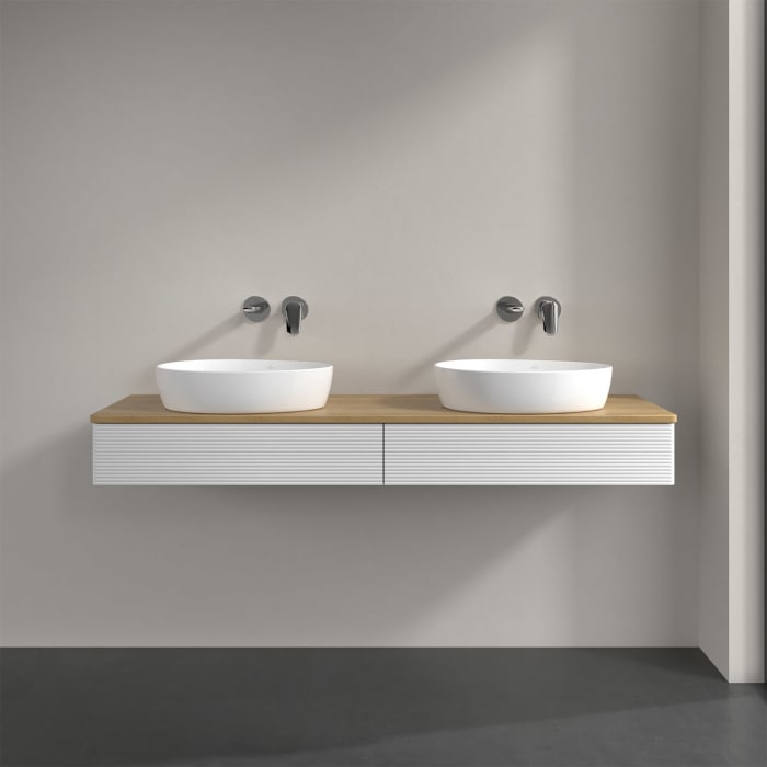 Villeroy & Boch Antao Waschbeckenunterschrank, 160 x 19 cm, 2 Auszüge mit LED-Licht, Front mit Struktur, ohne Hahnloch, für Waschtisch links und recht