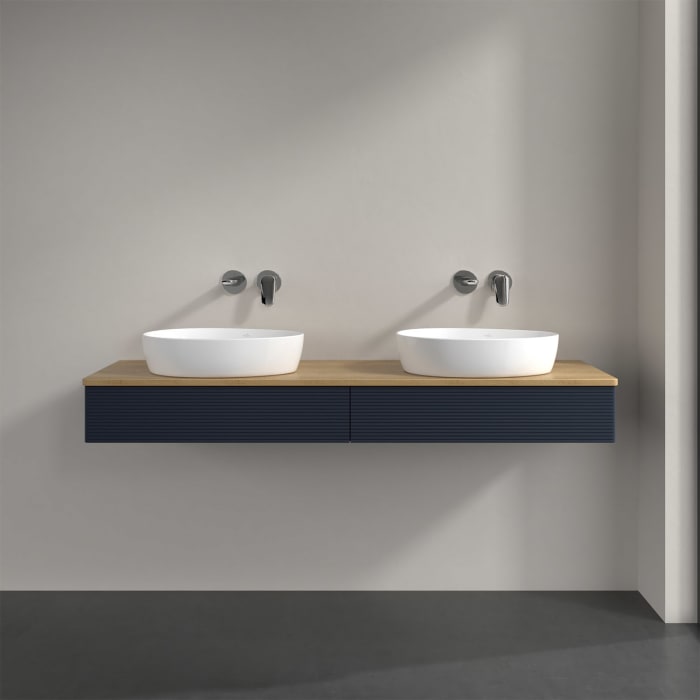 Villeroy & Boch Antao Waschbeckenunterschrank, 160 x 19 cm, 2 Auszüge mit LED-Licht, Front mit Struktur, ohne Hahnloch, für Waschtisch links und recht