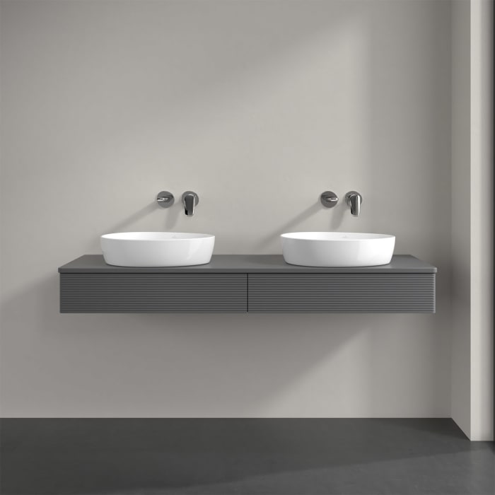 Villeroy & Boch Antao Waschbeckenunterschrank, 160 x 19 cm, 2 Auszüge mit LED-Licht, Front mit Struktur, mit Hahnloch, für Waschtisch links und rechts