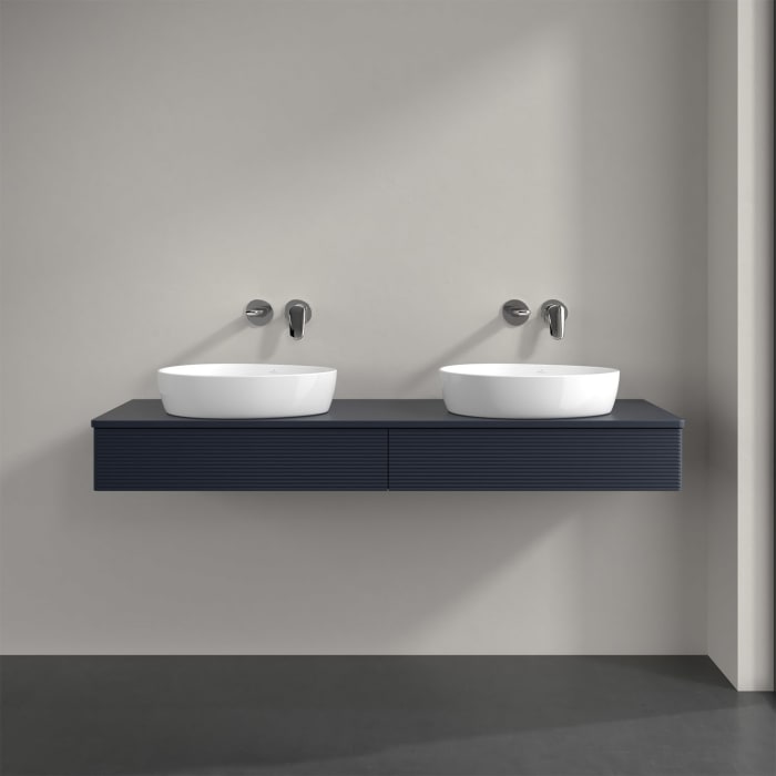 Villeroy & Boch Antao Waschbeckenunterschrank, 160 x 19 cm, 2 Auszüge mit LED-Licht, Front mit Struktur, mit Hahnloch, für Waschtisch links und rechts