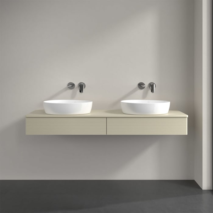 Villeroy & Boch Antao Waschbeckenunterschrank, 160 x 19 cm, 2 Auszüge mit LED-Licht, Front mit Struktur, mit Hahnloch, für Waschtisch links und rechts