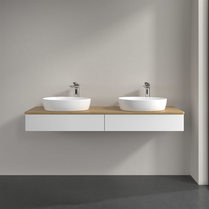 Villeroy & Boch Antao Waschbeckenunterschrank, 160 x 19 cm, 2 Auszüge mit LED-Licht, Front mit Struktur, mit Hahnloch, für Waschtisch links und rechts