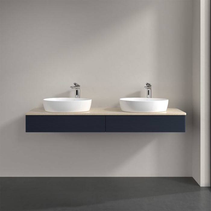 Villeroy & Boch Antao Waschbeckenunterschrank, 160 x 19 cm, 2 Auszüge mit LED-Licht, Front mit Struktur, mit Hahnloch, für Waschtisch links und rechts