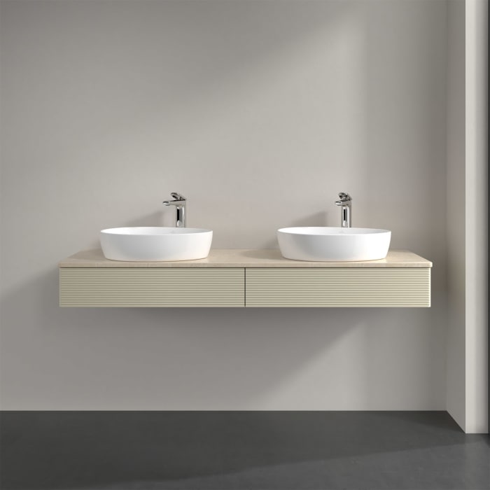 Villeroy & Boch Antao Waschbeckenunterschrank, 160 x 19 cm, 2 Auszüge mit LED-Licht, Front mit Struktur, mit Hahnloch, für Waschtisch links und rechts