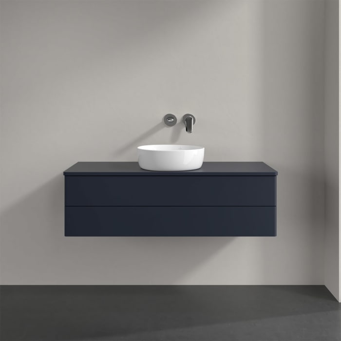 Villeroy & Boch Antao Waschbeckenunterschrank, 120 x 36 cm, 2 Auszüge mit LED-Licht, Front ohne Struktur, ohne Hahnloch, für Waschtisch mittig