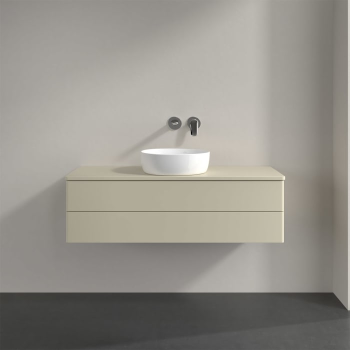 Villeroy & Boch Antao Waschbeckenunterschrank, 120 x 36 cm, 2 Auszüge mit LED-Licht, Front ohne Struktur, ohne Hahnloch, für Waschtisch mittig