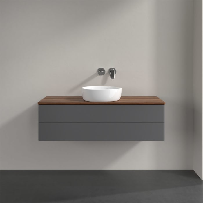 Villeroy & Boch Antao Waschbeckenunterschrank, 120 x 36 cm, 2 Auszüge mit LED-Licht, Front ohne Struktur, ohne Hahnloch, für Waschtisch mittig