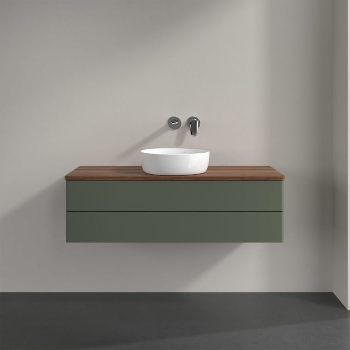 Villeroy & Boch Antao Waschbeckenunterschrank, 120 x 36 cm, 2 Auszüge mit LED-Licht, Front ohne Struktur, ohne Hahnloch, für Waschtisch mittig