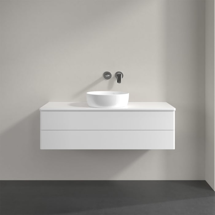 Villeroy & Boch Antao Waschbeckenunterschrank, 120 x 36 cm, 2 Auszüge mit LED-Licht, Front ohne Struktur, mit Hahnloch, für Waschtisch mittig