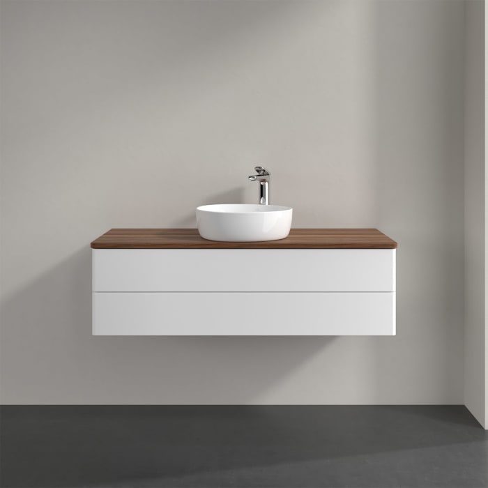 Villeroy & Boch Antao Waschbeckenunterschrank, 120 x 36 cm, 2 Auszüge mit LED-Licht, Front ohne Struktur, mit Hahnloch, für Waschtisch mittig