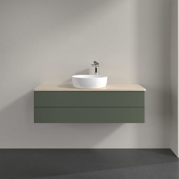 Villeroy & Boch Antao Waschbeckenunterschrank, 120 x 36 cm, 2 Auszüge mit LED-Licht, Front ohne Struktur, mit Hahnloch, für Waschtisch mittig