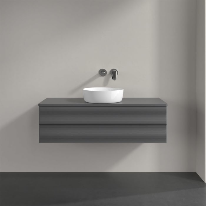 Villeroy & Boch Antao Waschbeckenunterschrank, 120 x 36 cm, 2 Auszüge mit LED-Licht, Front mit Struktur, ohne Hahnloch, für Waschtisch mittig