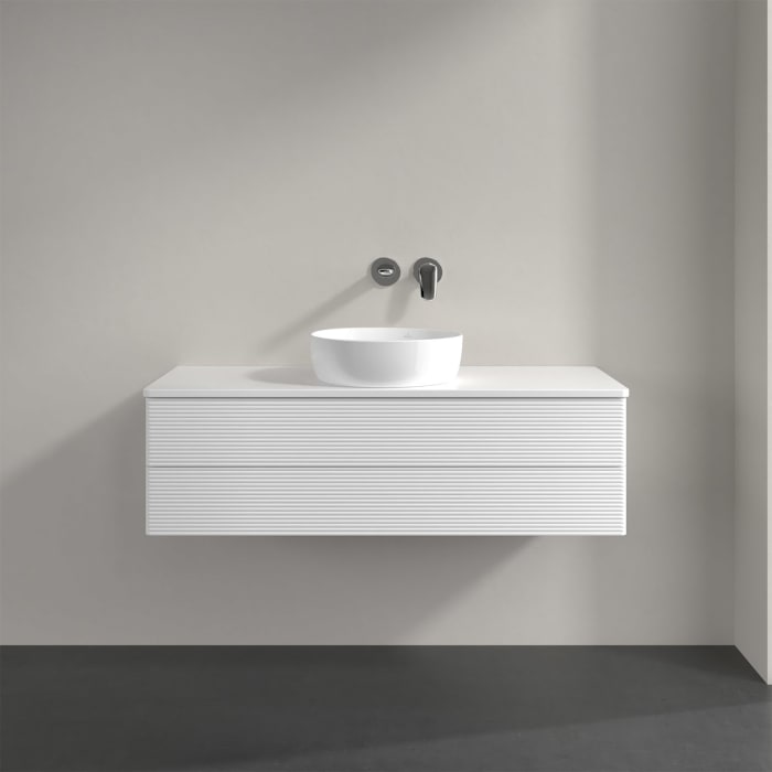 Villeroy & Boch Antao Waschbeckenunterschrank, 120 x 36 cm, 2 Auszüge mit LED-Licht, Front mit Struktur, ohne Hahnloch, für Waschtisch mittig