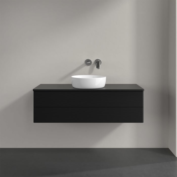Villeroy & Boch Antao Waschbeckenunterschrank, 120 x 36 cm, 2 Auszüge mit LED-Licht, Front mit Struktur, ohne Hahnloch, für Waschtisch mittig