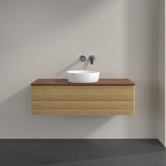 Villeroy & Boch Antao Waschbeckenunterschrank, 120 x 36 cm, 2 Auszüge mit LED-Licht, Front mit Struktur, ohne Hahnloch, für Waschtisch mittig