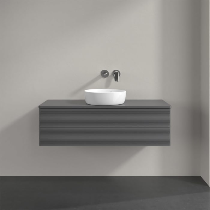 Villeroy & Boch Antao Waschbeckenunterschrank, 120 x 36 cm, 2 Auszüge mit LED-Licht, Front mit Struktur, mit Hahnloch, für Waschtisch mittig
