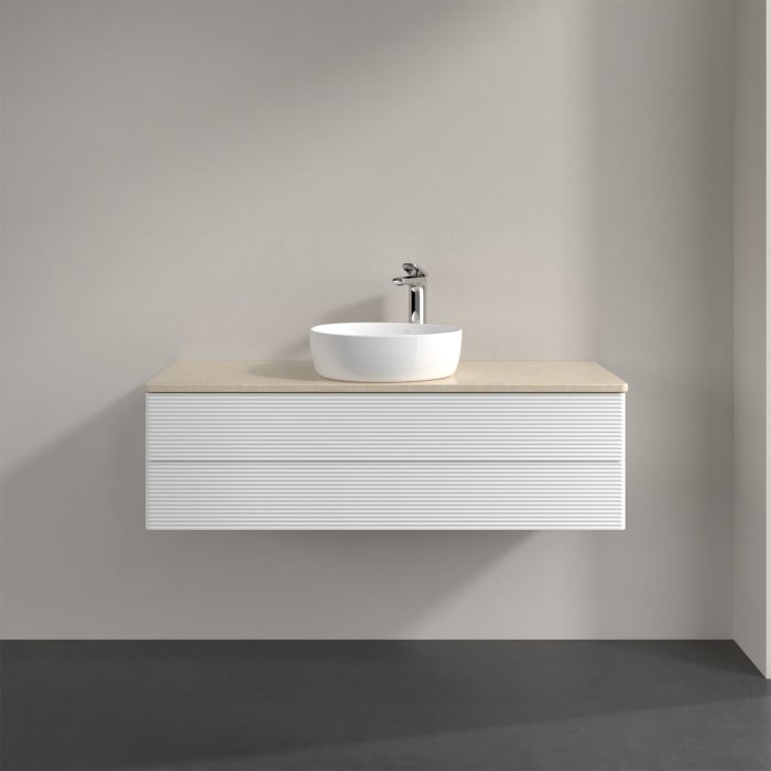 Villeroy & Boch Antao Waschbeckenunterschrank, 120 x 36 cm, 2 Auszüge mit LED-Licht, Front mit Struktur, mit Hahnloch, für Waschtisch mittig