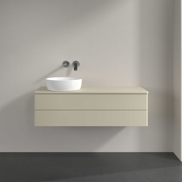 Villeroy & Boch Antao Waschbeckenunterschrank, 120 x 36 cm, 2 Auszüge mit LED-Licht, Front ohne Struktur, ohne Hahnloch, für Waschtisch links