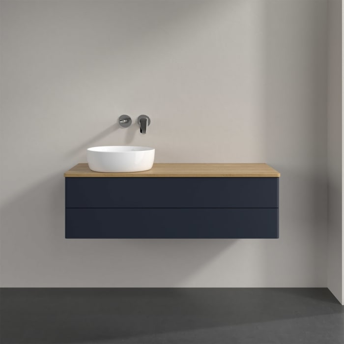 Villeroy & Boch Antao Waschbeckenunterschrank, 120 x 36 cm, 2 Auszüge mit LED-Licht, Front ohne Struktur, ohne Hahnloch, für Waschtisch links