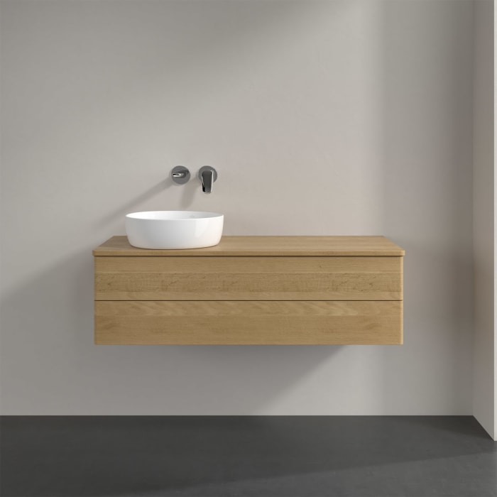 Villeroy & Boch Antao Waschbeckenunterschrank, 120 x 36 cm, 2 Auszüge mit LED-Licht, Front ohne Struktur, ohne Hahnloch, für Waschtisch links