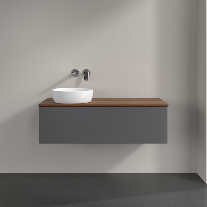 Villeroy & Boch Antao Waschbeckenunterschrank, 120 x 36 cm, 2 Auszüge mit LED-Licht, Front ohne Struktur, ohne Hahnloch, für Waschtisch links
