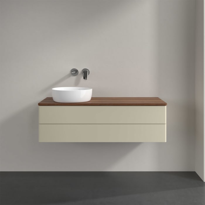 Villeroy & Boch Antao Waschbeckenunterschrank, 120 x 36 cm, 2 Auszüge mit LED-Licht, Front ohne Struktur, ohne Hahnloch, für Waschtisch links