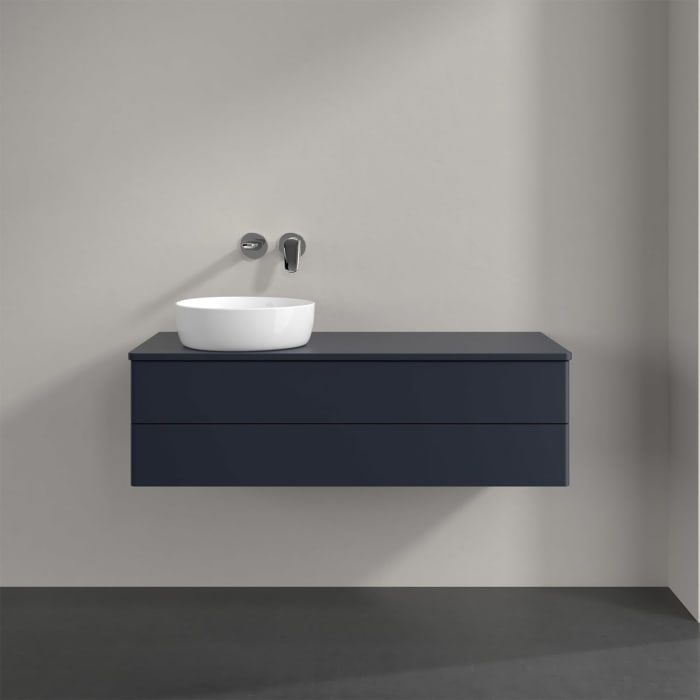 Villeroy & Boch Antao Waschbeckenunterschrank, 120 x 36 cm, 2 Auszüge mit LED-Licht, Front ohne Struktur, mit Hahnloch, für Waschtisch links