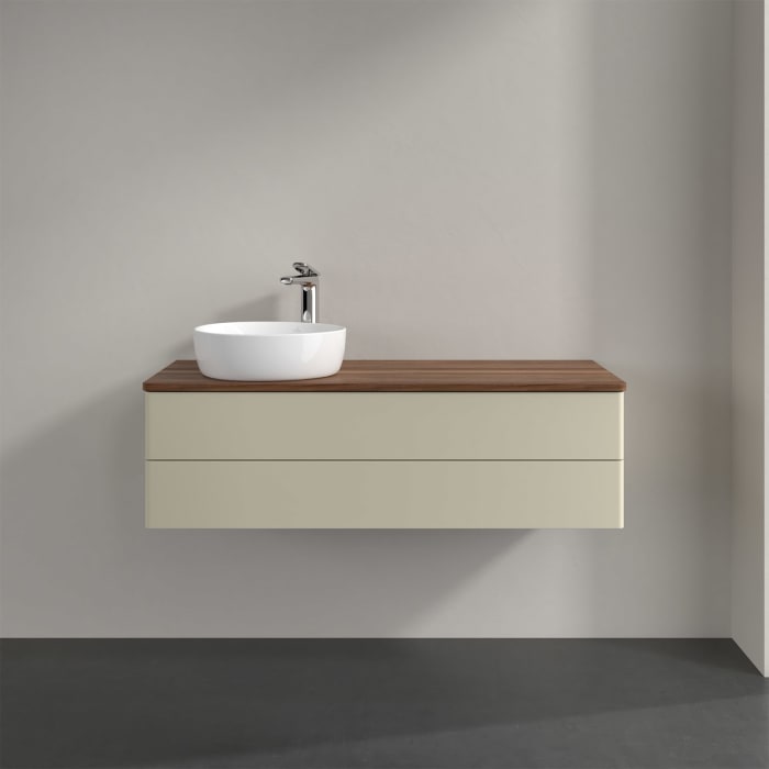 Villeroy & Boch Antao Waschbeckenunterschrank, 120 x 36 cm, 2 Auszüge mit LED-Licht, Front ohne Struktur, mit Hahnloch, für Waschtisch links