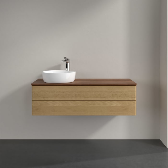 Villeroy & Boch Antao Waschbeckenunterschrank, 120 x 36 cm, 2 Auszüge mit LED-Licht, Front ohne Struktur, mit Hahnloch, für Waschtisch links