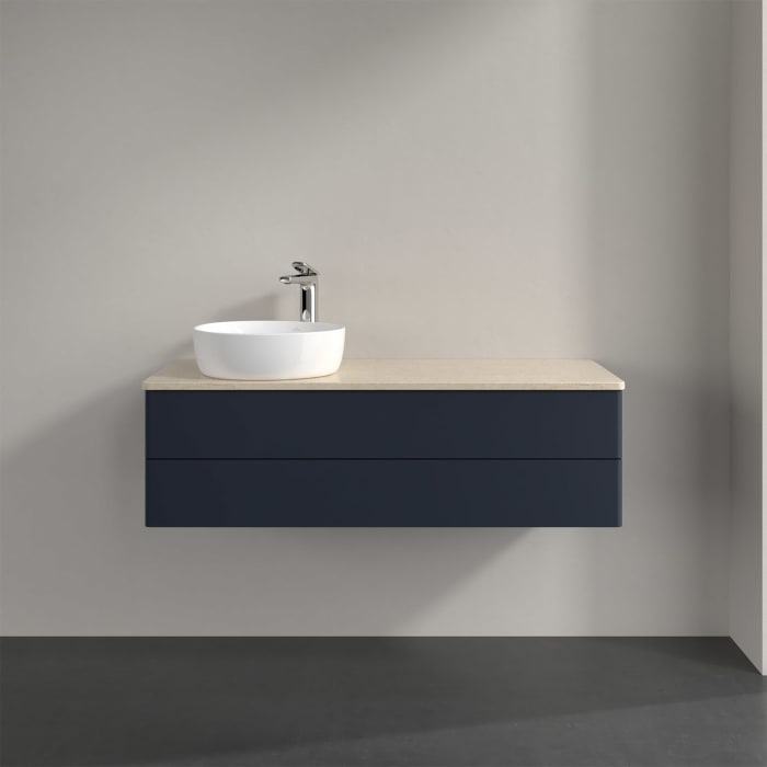 Villeroy & Boch Antao Waschbeckenunterschrank, 120 x 36 cm, 2 Auszüge mit LED-Licht, Front ohne Struktur, mit Hahnloch, für Waschtisch links