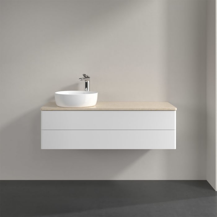 Villeroy & Boch Antao Waschbeckenunterschrank, 120 x 36 cm, 2 Auszüge mit LED-Licht, Front ohne Struktur, mit Hahnloch, für Waschtisch links