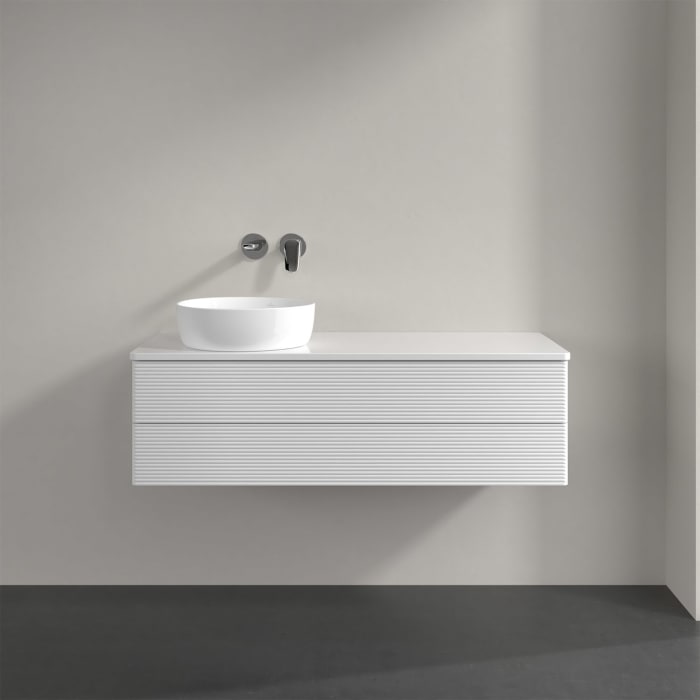 Villeroy & Boch Antao Waschbeckenunterschrank, 120 x 36 cm, 2 Auszüge mit LED-Licht, Front mit Struktur, ohne Hahnloch, für Waschtisch links