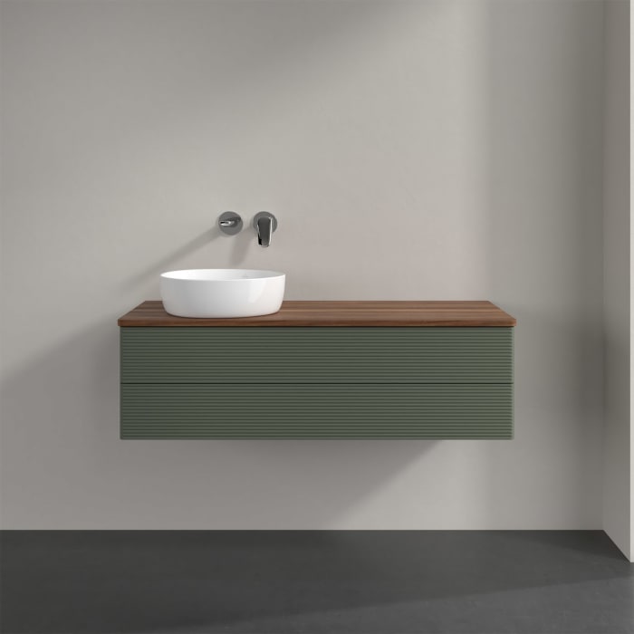 Villeroy & Boch Antao Waschbeckenunterschrank, 120 x 36 cm, 2 Auszüge mit LED-Licht, Front mit Struktur, ohne Hahnloch, für Waschtisch links