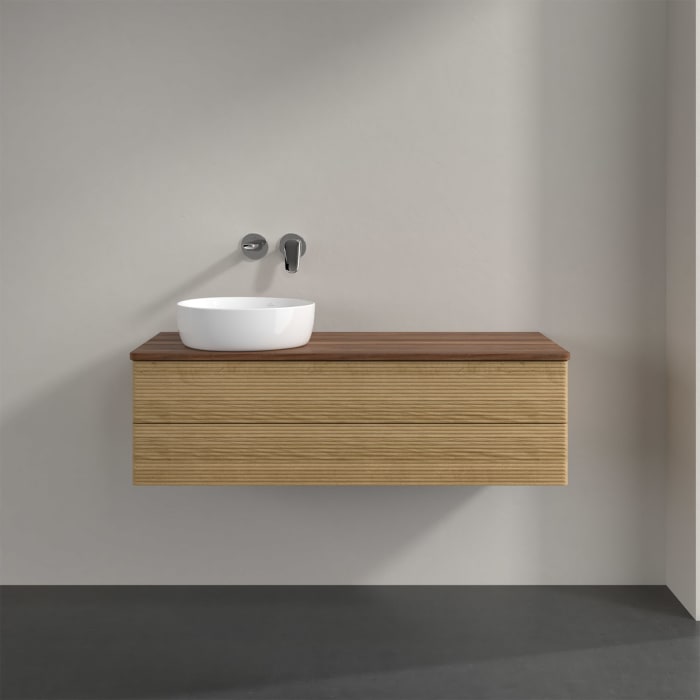 Villeroy & Boch Antao Waschbeckenunterschrank, 120 x 36 cm, 2 Auszüge mit LED-Licht, Front mit Struktur, ohne Hahnloch, für Waschtisch links