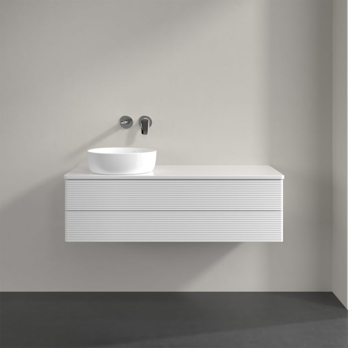 Villeroy & Boch Antao Waschbeckenunterschrank, 120 x 36 cm, 2 Auszüge mit LED-Licht, Front mit Struktur, mit Hahnloch, für Waschtisch links