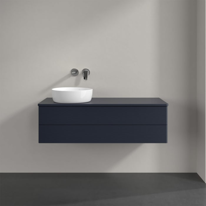 Villeroy & Boch Antao Waschbeckenunterschrank, 120 x 36 cm, 2 Auszüge mit LED-Licht, Front mit Struktur, mit Hahnloch, für Waschtisch links