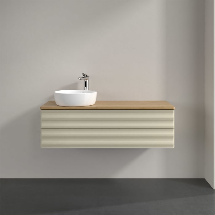 Villeroy & Boch Antao Waschbeckenunterschrank, 120 x 36 cm, 2 Auszüge mit LED-Licht, Front mit Struktur, mit Hahnloch, für Waschtisch links