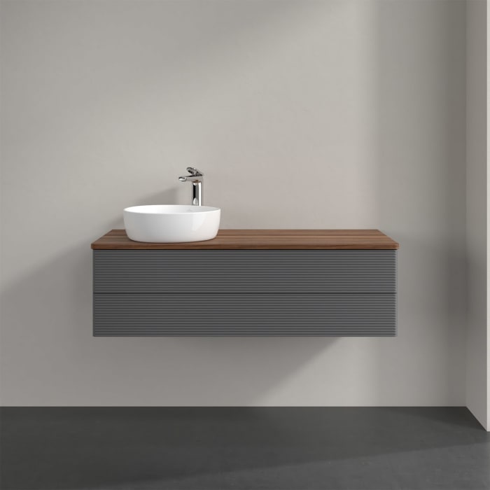 Villeroy & Boch Antao Waschbeckenunterschrank, 120 x 36 cm, 2 Auszüge mit LED-Licht, Front mit Struktur, mit Hahnloch, für Waschtisch links
