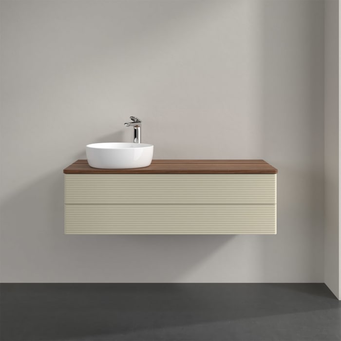 Villeroy & Boch Antao Waschbeckenunterschrank, 120 x 36 cm, 2 Auszüge mit LED-Licht, Front mit Struktur, mit Hahnloch, für Waschtisch links