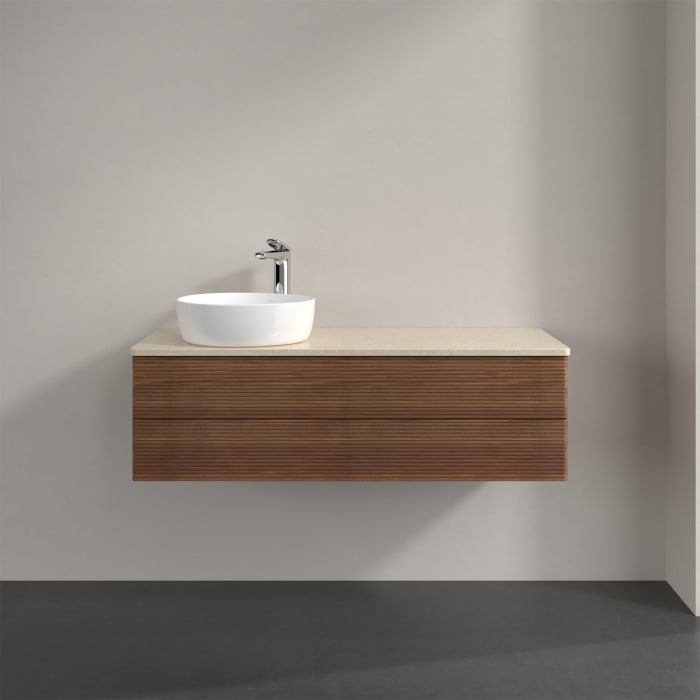 Villeroy & Boch Antao Waschbeckenunterschrank, 120 x 36 cm, 2 Auszüge mit LED-Licht, Front mit Struktur, mit Hahnloch, für Waschtisch links