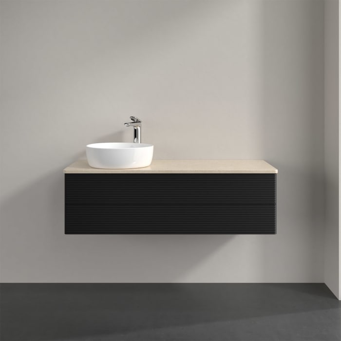 Villeroy & Boch Antao Waschbeckenunterschrank, 120 x 36 cm, 2 Auszüge mit LED-Licht, Front mit Struktur, mit Hahnloch, für Waschtisch links