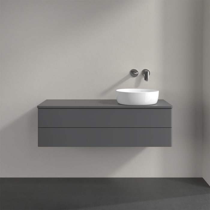 Villeroy & Boch Antao Waschbeckenunterschrank, 120 x 36 cm, 2 Auszüge mit LED-Licht, Front ohne Struktur, ohne Hahnloch, für Waschtisch rechts