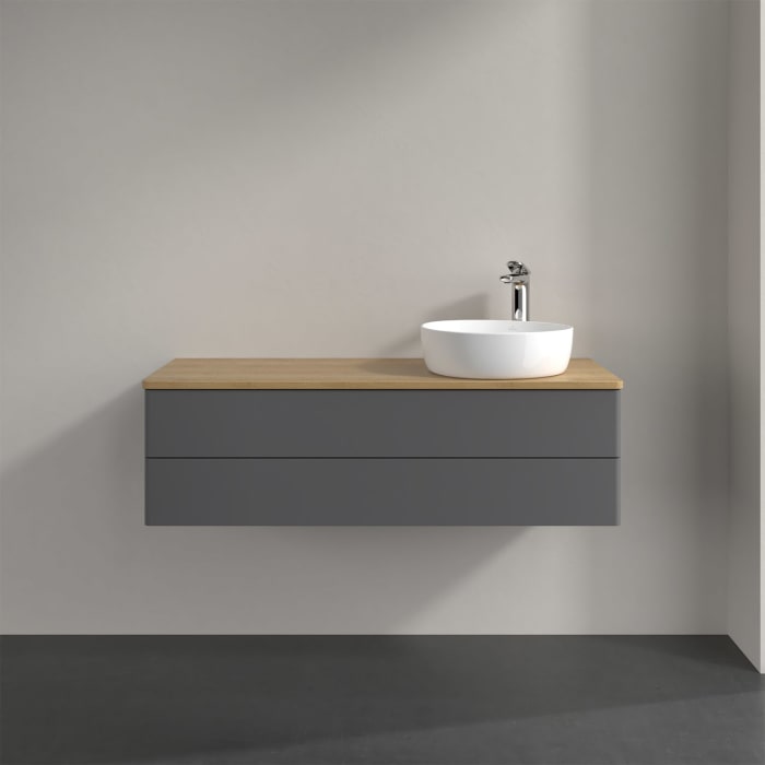 Villeroy & Boch Antao Waschbeckenunterschrank, 120 x 36 cm, 2 Auszüge mit LED-Licht, Front ohne Struktur, mit Hahnloch, für Waschtisch rechts