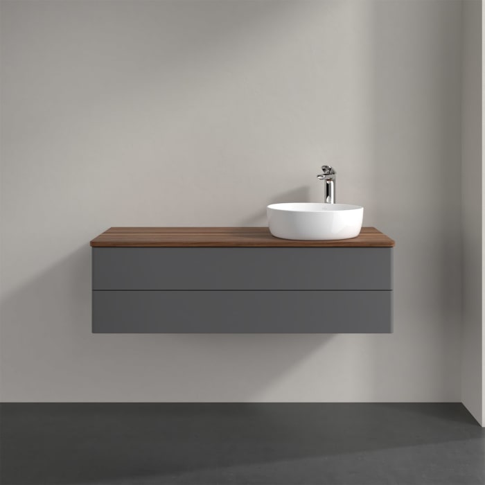 Villeroy & Boch Antao Waschbeckenunterschrank, 120 x 36 cm, 2 Auszüge mit LED-Licht, Front ohne Struktur, mit Hahnloch, für Waschtisch rechts