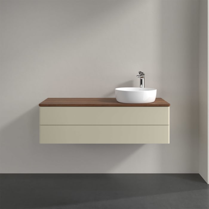 Villeroy & Boch Antao Waschbeckenunterschrank, 120 x 36 cm, 2 Auszüge mit LED-Licht, Front ohne Struktur, mit Hahnloch, für Waschtisch rechts