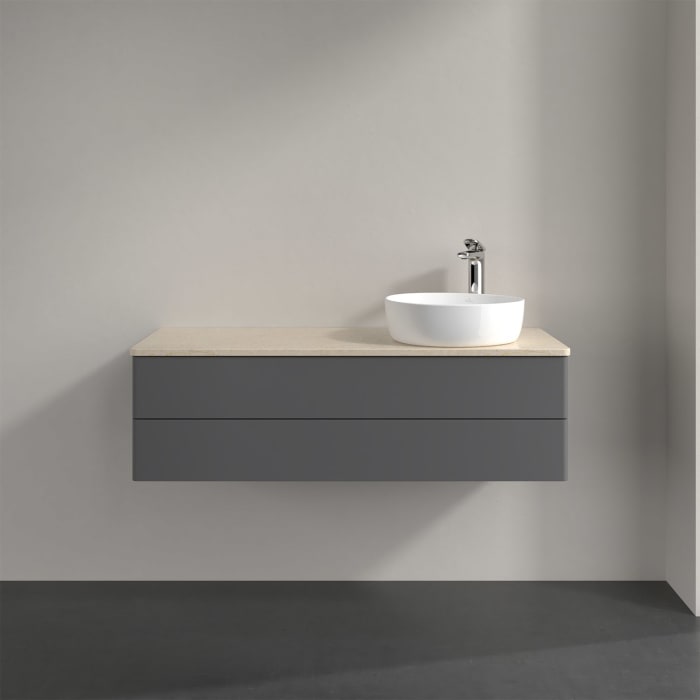 Villeroy & Boch Antao Waschbeckenunterschrank, 120 x 36 cm, 2 Auszüge mit LED-Licht, Front ohne Struktur, mit Hahnloch, für Waschtisch rechts